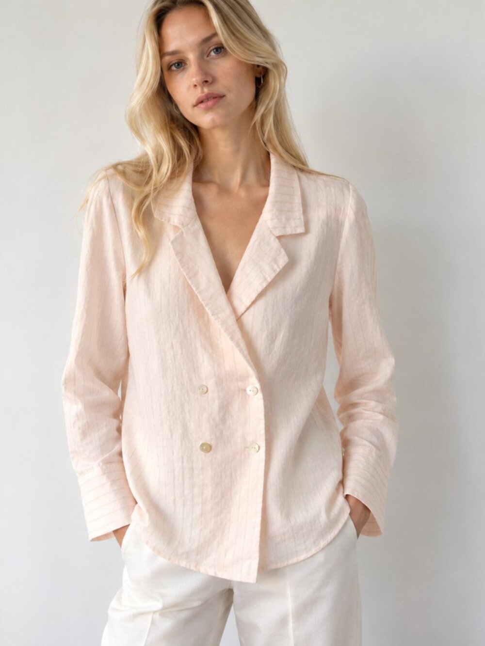Mango Suit Blush Pink Lyocell Double Breasted Blouse Long Sleeve Top Size S 4
